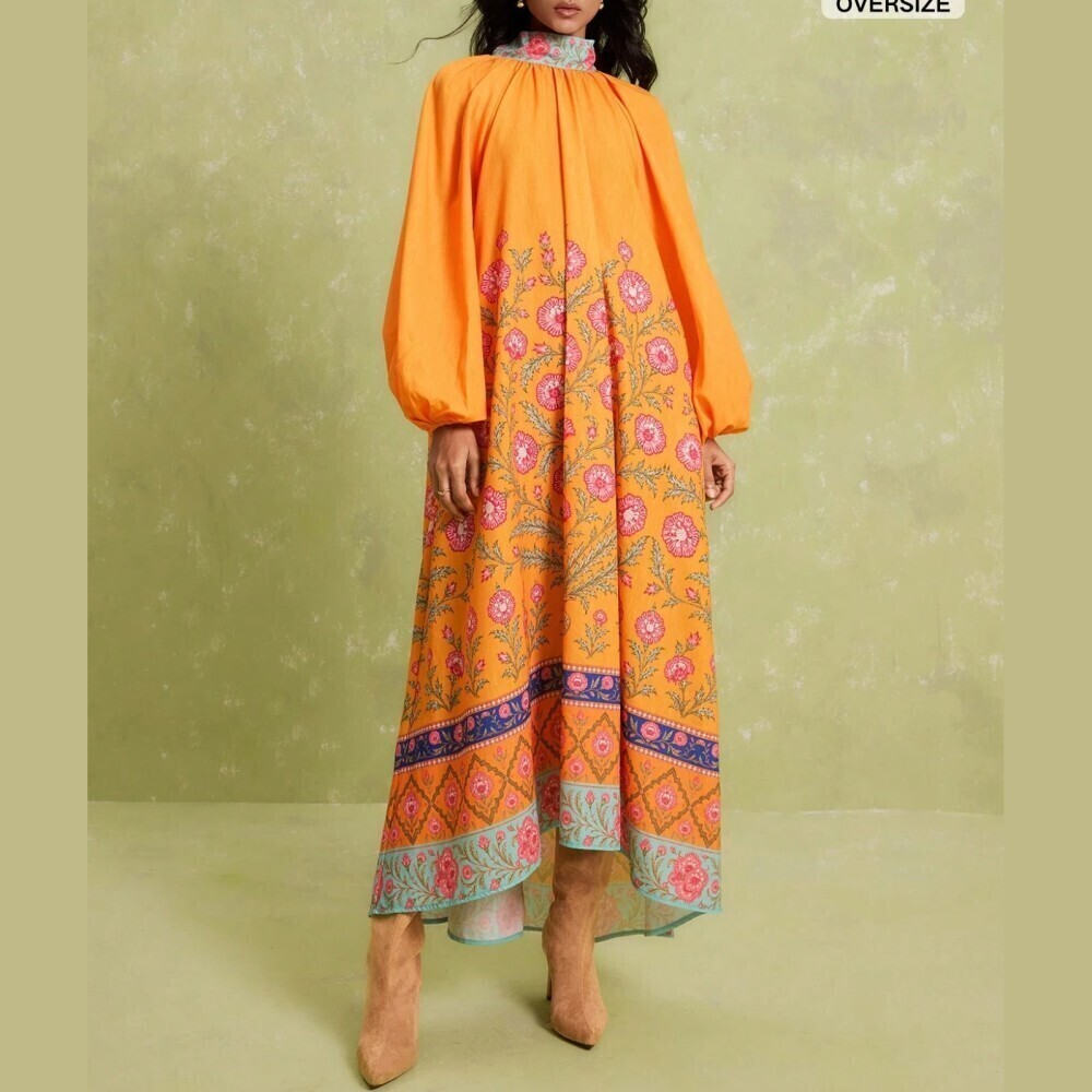 Orange Floral Border Print Stand Collar Bishop Sleeve Maxi Dress